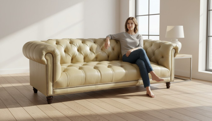 Dreisitzer canapé Chesterfield en cuir beige salon design moderne nouveau sofa