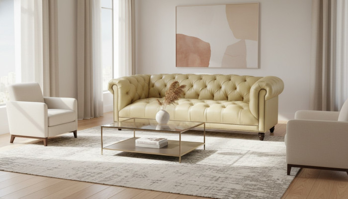 Dreisitzer canapé Chesterfield en cuir beige salon design moderne nouveau sofa