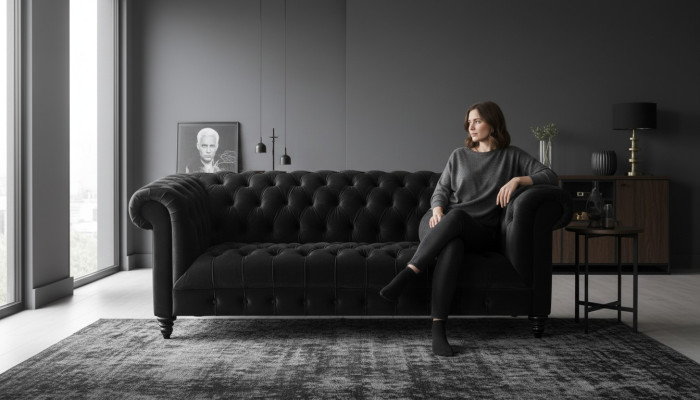 Canapé en velours noir, canapé de luxe rembourré Chesterfield avec boutons de trois places