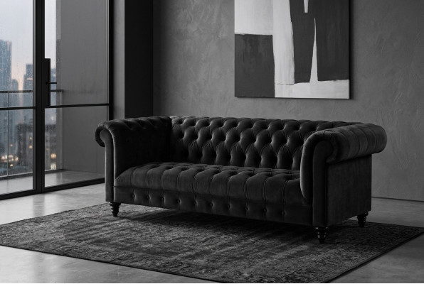 Canapé en velours noir, canapé de luxe rembourré Chesterfield avec boutons de trois places