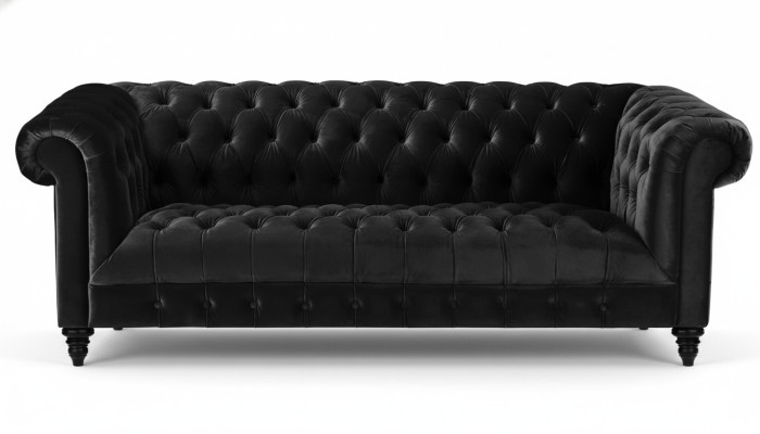 Canapé en velours noir, canapé de luxe rembourré Chesterfield avec boutons de trois places