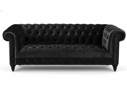 Canapé en velours noir, canapé de luxe rembourré Chesterfield avec boutons de trois places