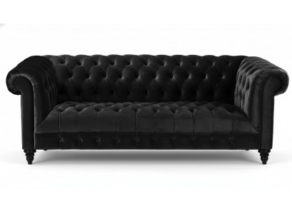 Canapé en velours noir, canapé de luxe rembourré Chesterfield avec boutons de trois places