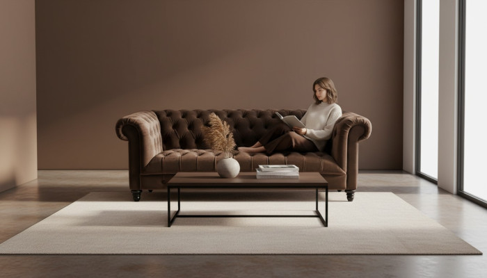 Canapé en velours marron Luxe Tapisserie Chesterfield Sofa avec boutons Trois places