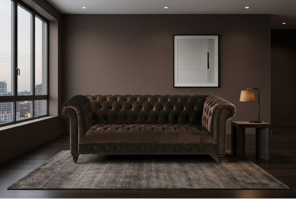 Canapé en velours marron Luxe Tapisserie Chesterfield Sofa avec boutons Trois places