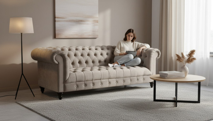 Canapé en velours beige, meubles de luxe Chesterfield avec boutons, canapé trois places.