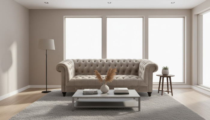 Canapé en velours beige, meubles de luxe Chesterfield avec boutons, canapé trois places.