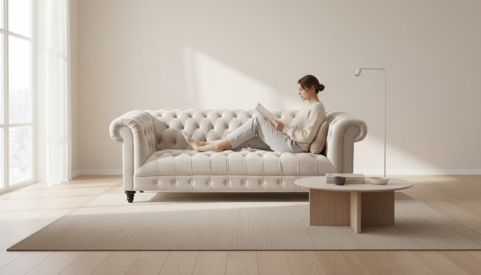 Chesterfield Canapé en velours beige Luxueux canapé rembourré avec boutons Trois places