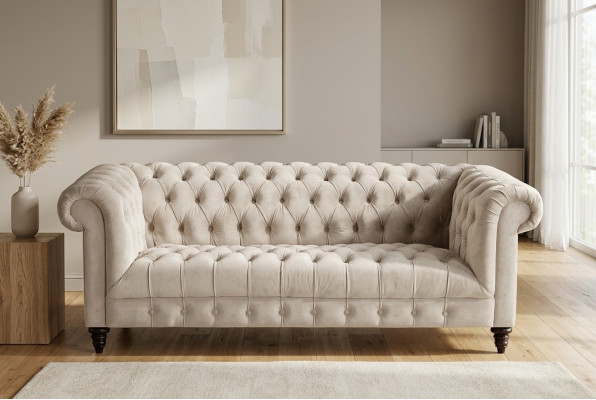 Chesterfield Canapé en velours beige Luxueux canapé rembourré avec boutons Trois places