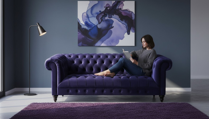 Canapé en velours pourpre Chesterfield de luxe, meuble rembourré, canapé avec boutons pour trois personnes.