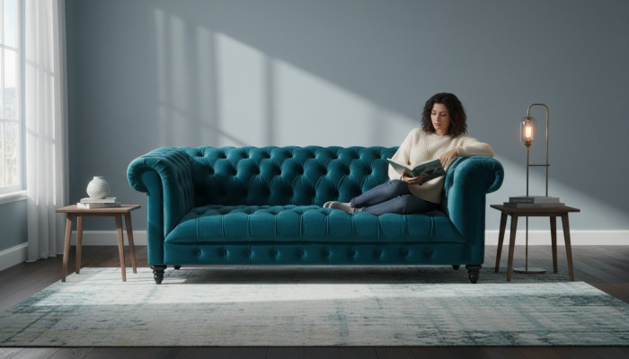 Chesterfield Canapé en Velours Turquoise de Luxe avec Boutons Trois Places