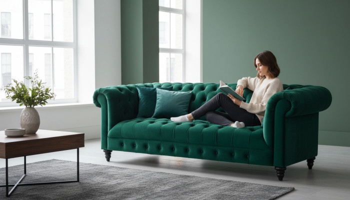 Chesterfield canapé turquoises de luxe avec boutons Trois places en velours.