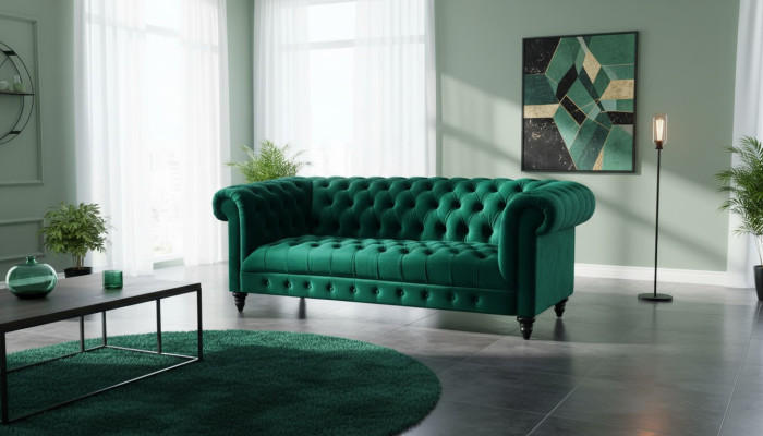 Chesterfield canapé turquoises de luxe avec boutons Trois places en velours.