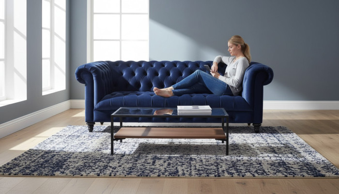 Bleu Marine Canapé en Tissu Trois Places de Style Chesterfield Rembourrage Canapé 220cm Nouveau