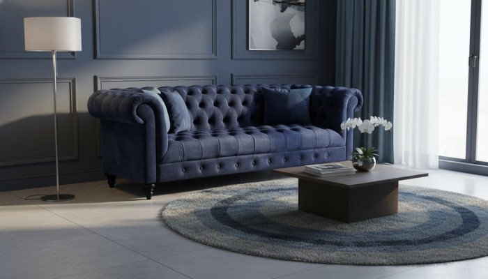 Bleu Marine Canapé en Tissu Trois Places de Style Chesterfield Rembourrage Canapé 220cm Nouveau