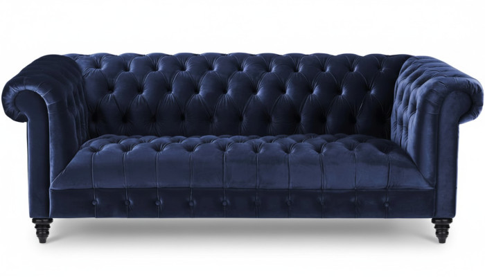 Bleu Marine Canapé en Tissu Trois Places de Style Chesterfield Rembourrage Canapé 220cm Nouveau
