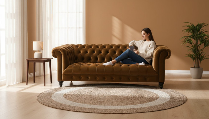 Canapé Chesterfield trois places en tissu marron, nouveau design original, tapisserie de couches.
