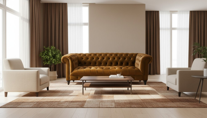 Canapé Chesterfield trois places en tissu marron, nouveau design original, tapisserie de couches.