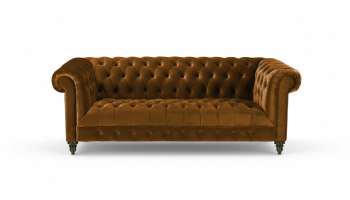 Canapé Chesterfield trois places en tissu marron, nouveau design original, tapisserie de couches.