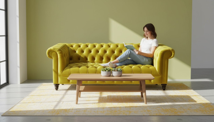 Trois places Chesterfield canapé design moderne en tissu jaune Canapé neuf Meubles originaux