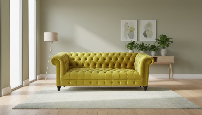 Trois places Chesterfield canapé design moderne en tissu jaune Canapé neuf Meubles originaux