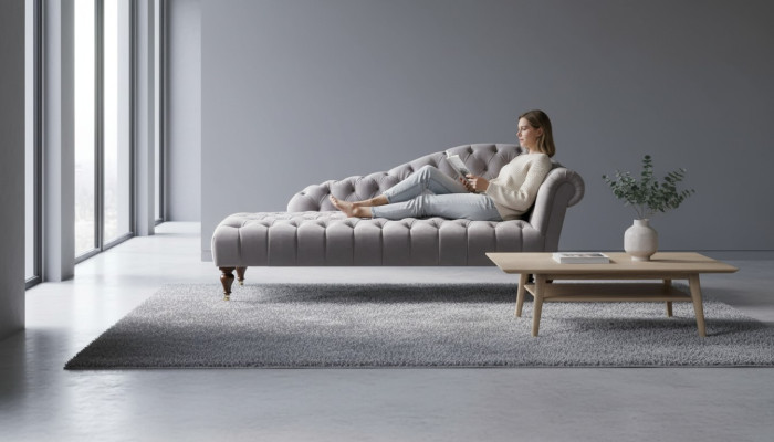 Chaise longue, meuble classique beige, canapé de salon en tissu Chesterfield