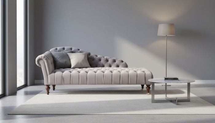 Chaise longue, meuble classique beige, canapé de salon en tissu Chesterfield