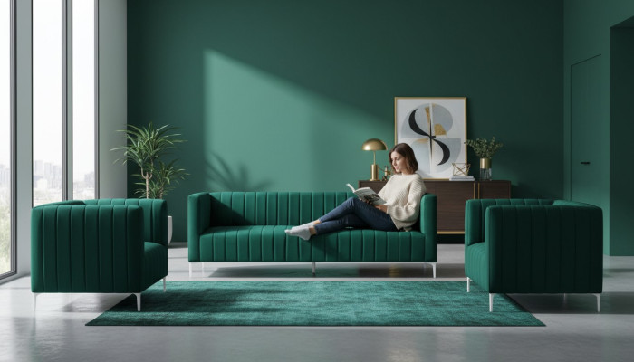 Ensemble de canapé Trois places Tissu Salon Design Velours Vert Canapé 2 Fauteuils Groupe