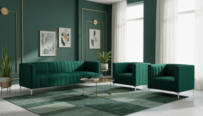 Ensemble de canapé Trois places Tissu Salon Design Velours Vert Canapé 2 Fauteuils Groupe
