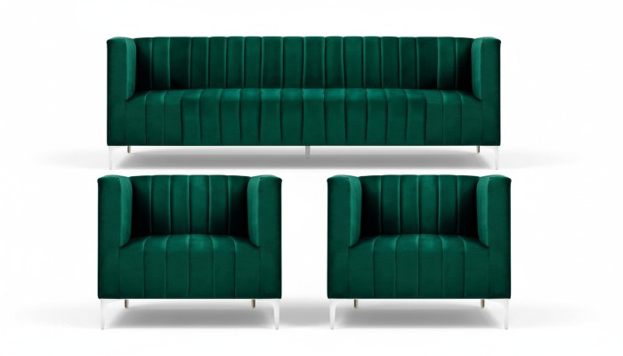 Ensemble de canapé Trois places Tissu Salon Design Velours Vert Canapé 2 Fauteuils Groupe