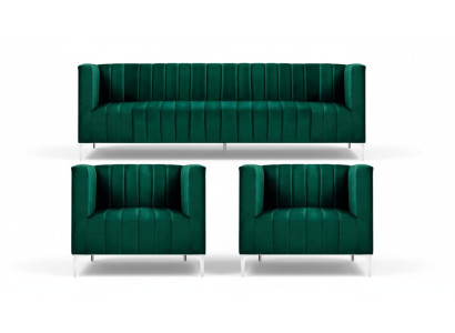Ensemble de canapé Trois places Tissu Salon Design Velours Vert Canapé 2 Fauteuils Groupe