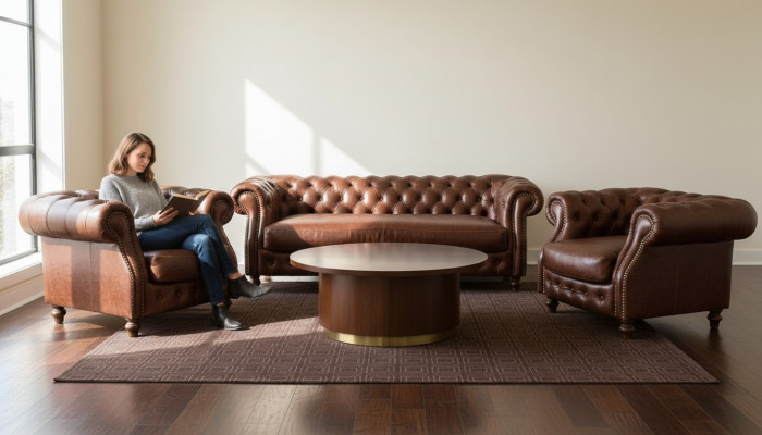Canapé d'angle Chesterfield marron dans le salon de canapé d'angle rembourré.