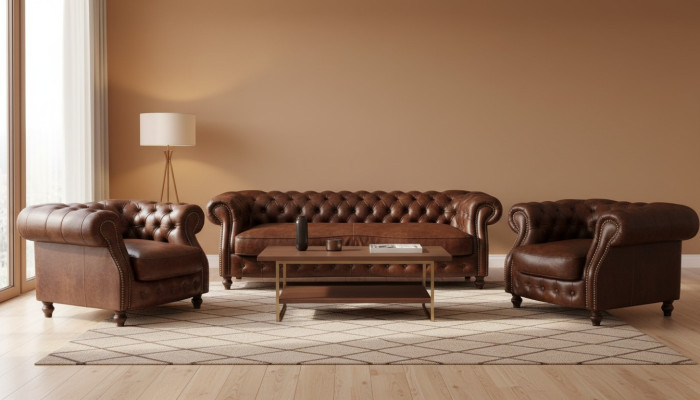 Canapé d'angle Chesterfield marron dans le salon de canapé d'angle rembourré.