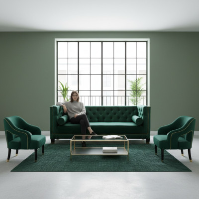 Canapé 2 fauteuils Chesterfield verts en tissu de design moderne et créatif - ensemble de canapé en tissu.