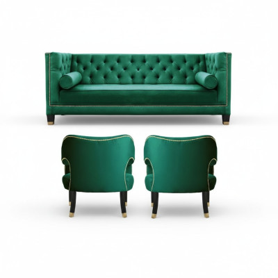 Canapé 2 fauteuils Chesterfield verts en tissu de design moderne et créatif - ensemble de canapé en tissu.