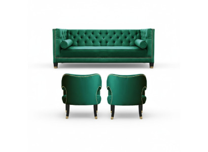 Canapé 2 fauteuils Chesterfield verts en tissu de design moderne et créatif - ensemble de canapé en tissu.