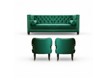 Canapé 2 fauteuils Chesterfield verts en tissu de design moderne et créatif - ensemble de canapé en tissu.