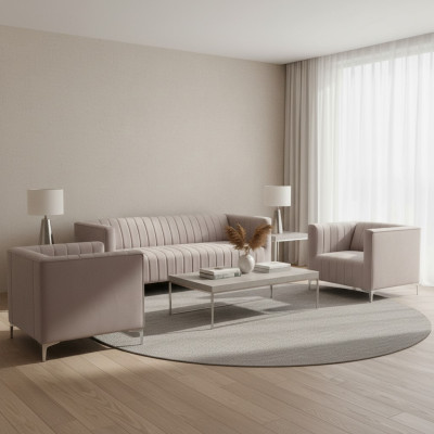 Salon beige Chesterfield, mobilier design moderne en textile, canapés de salon.