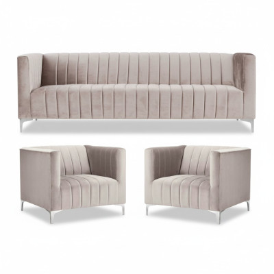 Salon beige Chesterfield, mobilier design moderne en textile, canapés de salon.