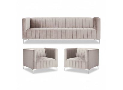Salon beige Chesterfield, mobilier design moderne en textile, canapés de salon.