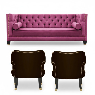 Chesterfield rose 2 fauteuils en textile noir design moderne ensemble de canapé de luxe neuf