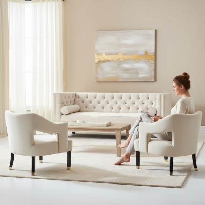 Canapé Chesterfield beige en velours, canapé ensemble canapé sofa garniture sofas canapé rembourré 3+1+1 places.
