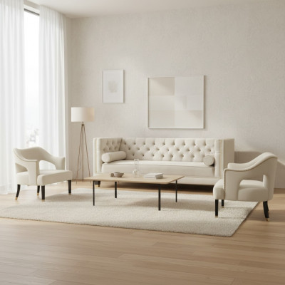 Canapé Chesterfield beige en velours, canapé ensemble canapé sofa garniture sofas canapé rembourré 3+1+1 places.