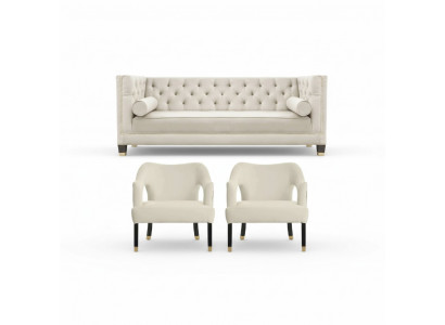 Canapé Chesterfield beige en velours, canapé ensemble canapé sofa garniture sofas canapé rembourré 3+1+1 places.
