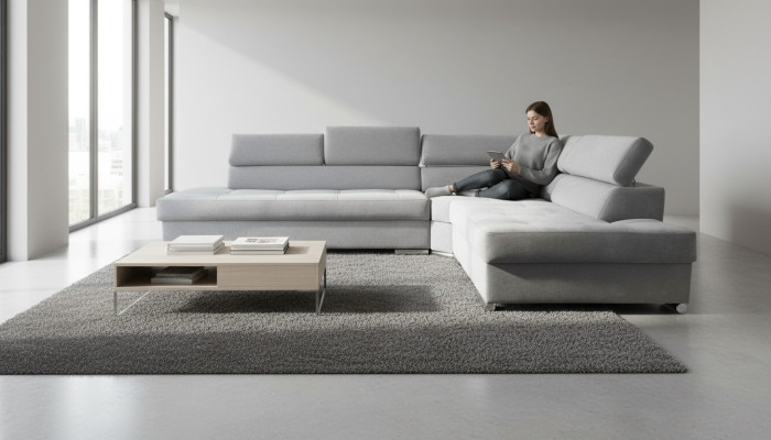 Canapé d'angle gris grand en tissu, canapés tissu créatifs, meubles neufs design moderne.