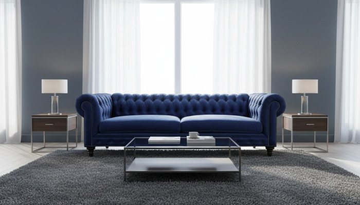 Canapé Chesterfield bleu trois places design moderne canapés meubles tissu nouveaux.