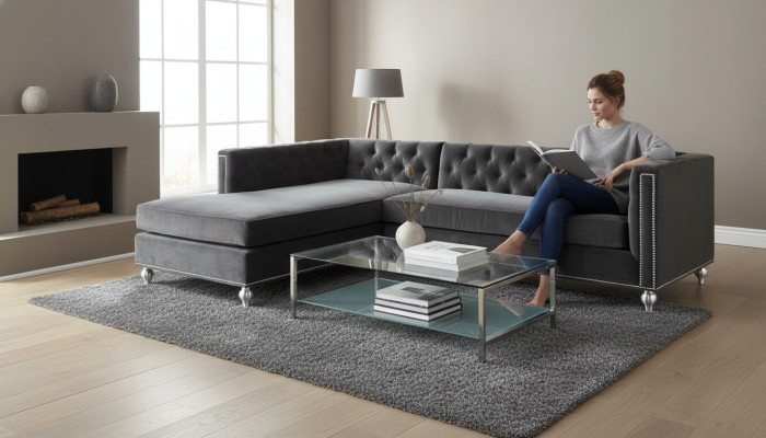 Canapé d'angle Paysage vivant Canapé Suite d'angle Rembourrage Tissu de velours Mobilier Design Gris