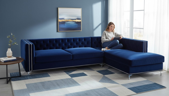 Canapé d'angle bleu Mobilier de salon paysager xxl Conception de canapé Suite d'angle Grand rembourrage Chesterfield