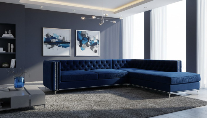 Canapé d'angle bleu Mobilier de salon paysager xxl Conception de canapé Suite d'angle Grand rembourrage Chesterfield