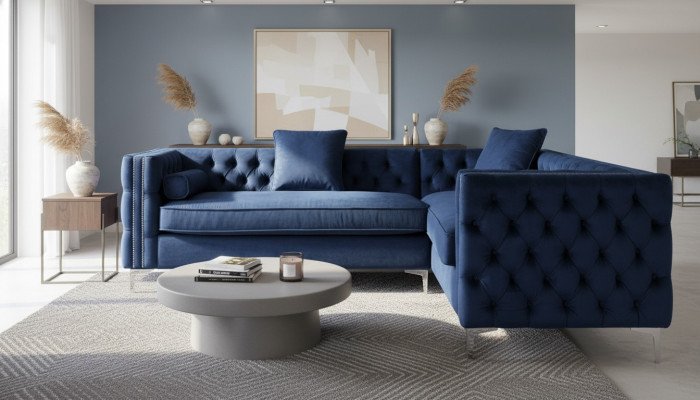 Canapé d'angle bleu Chesterfield Ensemble de canapés tapissés en velours Tissu Angle Meubles Design